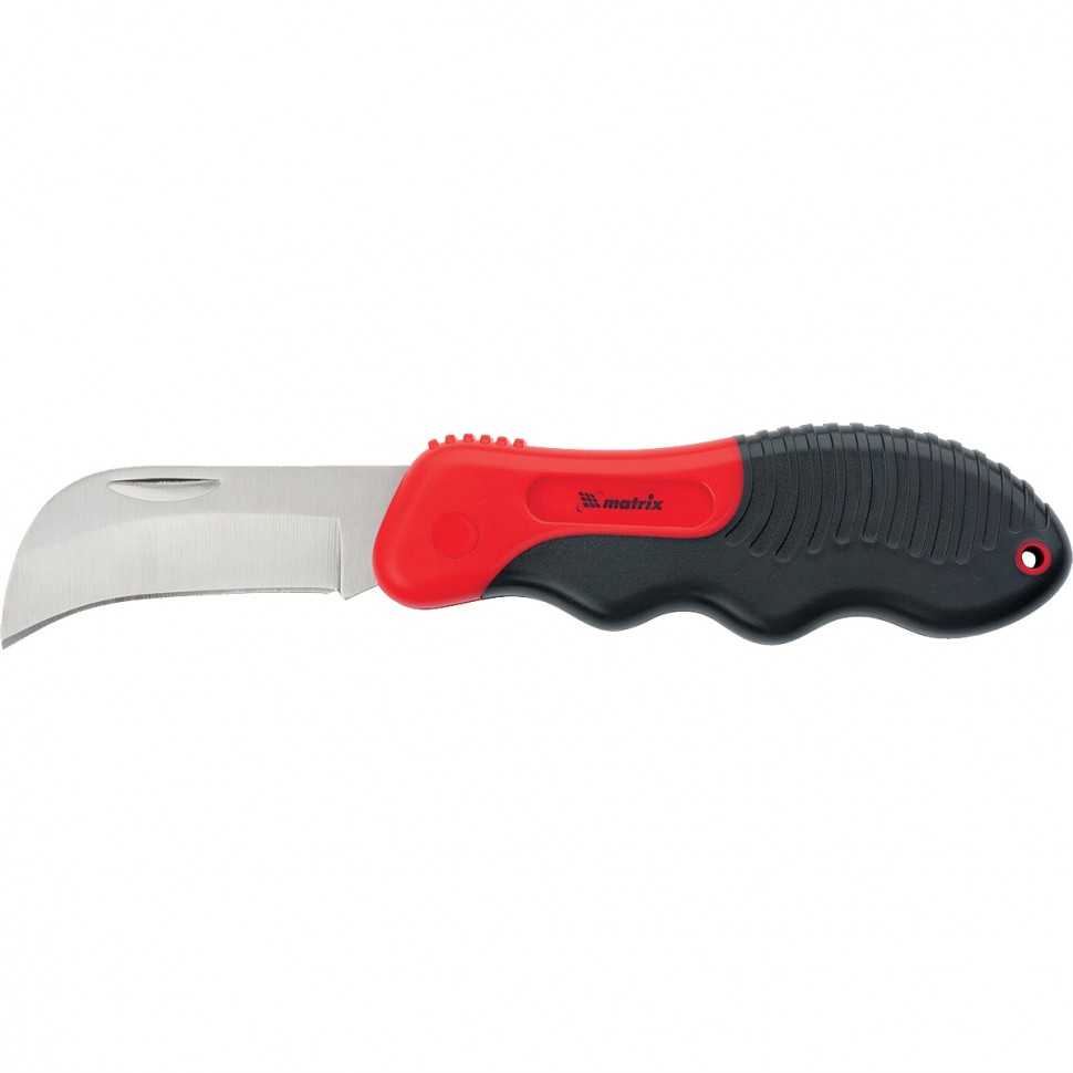 Нож электрика, складной, изогнутое лезвие, эргономичная двухкомпонентная рукоятка Matrix Ножи строительные фото, изображение